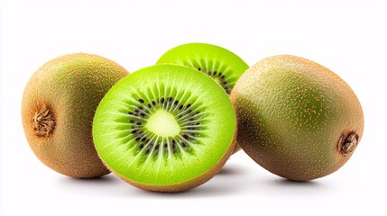 Fototapeta premium Ripe whole kiwi fruit and half kiwi fruit isolated on white background