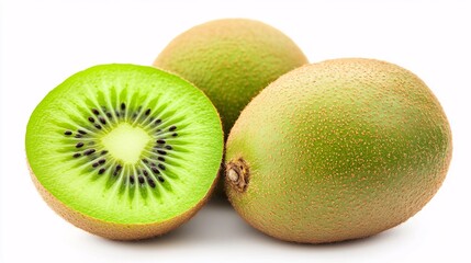 Fototapeta premium Ripe whole kiwi fruit and half kiwi fruit isolated on white background