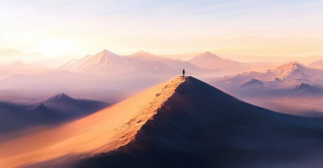Naklejka premium person standing on top of the sand dune, with mountains and fog in the background, at sunrise