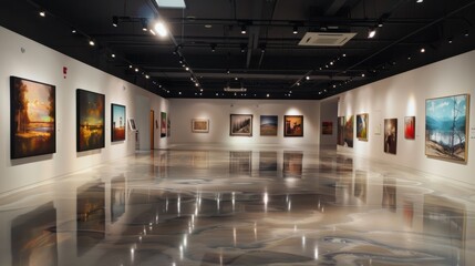 museum room with art exhibitions featuring paintings on display
