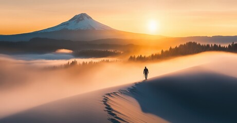 Fototapeta premium person standing on top of the sand dune, with mountains and fog in the background, at sunrise