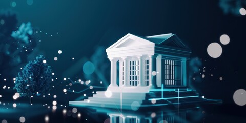 futuristic bank building, white on a dark blue background with abstract digital elements around it Generative AI