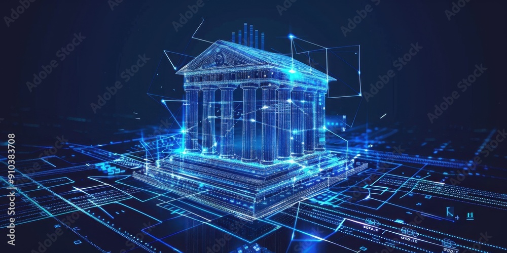 Poster a futuristic icon of an open bank building with columns, surrounded by digital lines and data curves