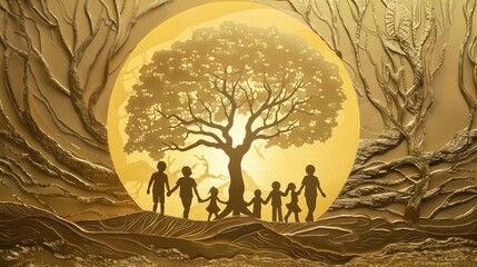 Naklejka premium Paper-cut tree and human figures against textured gold representing family and history.