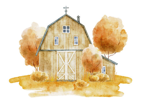 recommend clip art: Watercolor Illustration of Rustic Barn with Vane Made of Wood and Metal Elements on isolated background. Drawing of old vintage Farm House with autumn trees and harvest festival. Fall landscape.
