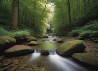 Obraz premium A tranquil stream gently flowing through a lush green forest, creating a peaceful atmosphere