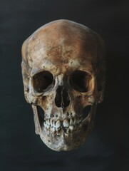 Obraz premium Human skull on dark background. Human remains.