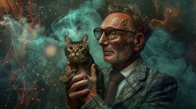Portrait d'un physicien quantique portant le chat de Schr&Atilde;&para;dinger dans ses bras