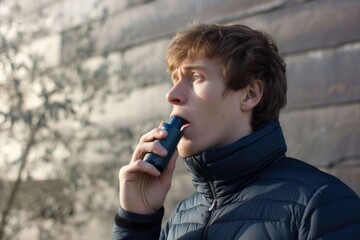 young man using an asthma inhaler