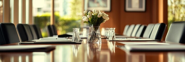 Elegant Boardroom Table with White Flowers - A polished boardroom table with black chairs, a vase of white flowers, and glasses of water. This image symbolizes professionalism, collaboration, meetings
