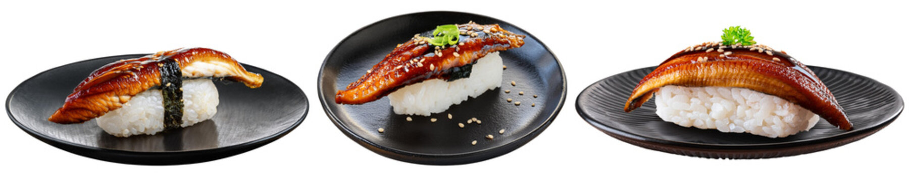 Set of Unagi Nigiri Sushi on Black Plates collection cut out transparent isolated on white background PNG