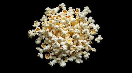 Scattered salty popcorn on a black background, where the white color of the snack clearly stands out against the deep black.
