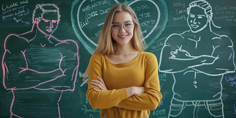 friendly woman arms crossed standing in front of chalkboard, large, muscular men drawn on chalkboard