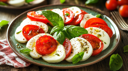 Tomato and mozzarella slices arranged alternately on a plate, garnished with basil leaves and drizzled with olive oil.