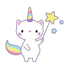 Obraz premium Cat Unicorn Character with Rainbow Tail and Horn Vector Illustration