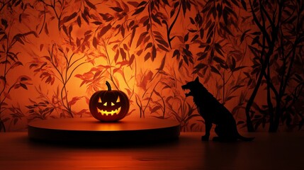 Halloween Jack-o'-Lantern and Silhouetted Dog in a Spooky Forest - A glowing jack-o'-lantern sits on a pedestal in a spooky forest, with a silhouetted dog watching nearby. The scene evokes mystery, an