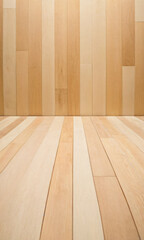 Naklejka premium background of wooden floor stage and product stand, empty room, background for text