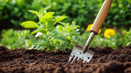 A trowel in the garden, surrounded by freshly turned earth and plants. This tool is essential for performing various gardening tasks.