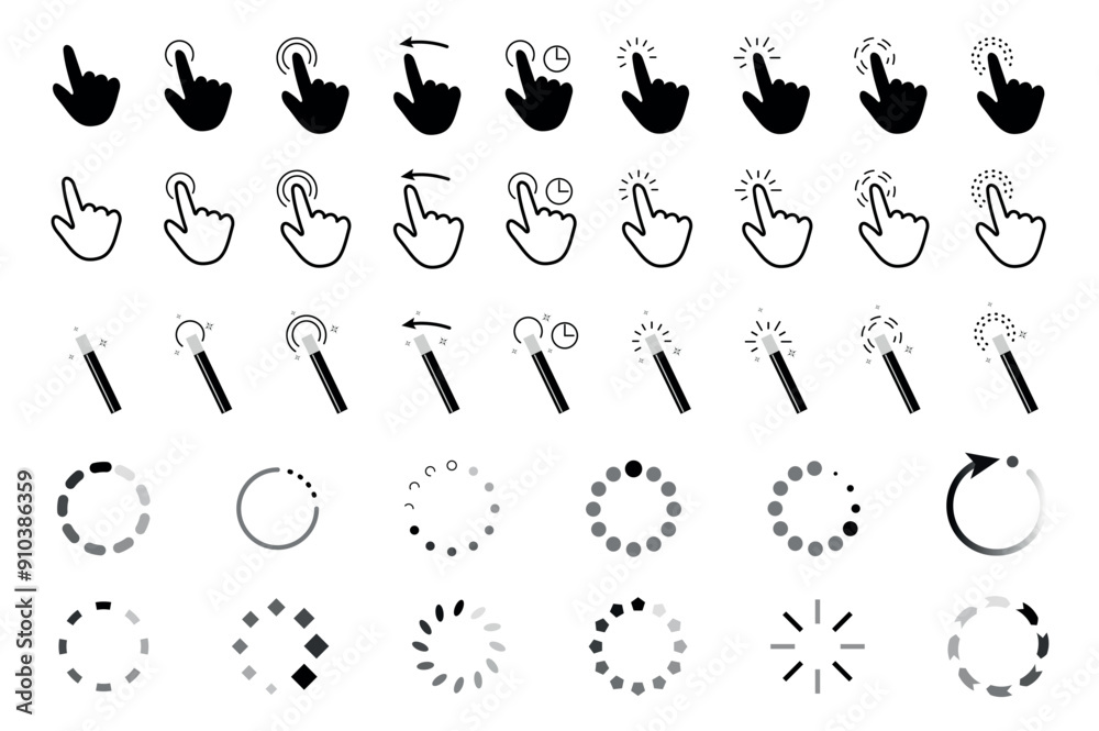 Poster Computer cursors mega set elements in flat graphic design. Bundle objects of navigation symbols, click finger hands, wands, circles and arrows for pointer, choice, downloading. Vector illustration.