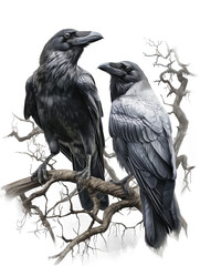 Fototapeta premium Gothic Ravens: Dark and Detailed Bird Illustration. PNG Transparent Background Cutout, Crow On A Branch.