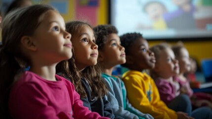 Obraz premium Kids Watching Movie Together at School - Education and Entertainment - Children are captivated, their eyes fixed on the screen. A sense of wonder and shared experience fills the room. The scene symbo