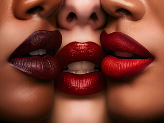Vibrant closeup of a woman's lips adorned with bold lipstick in shades of red.
