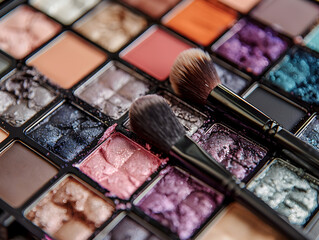Vibrant colors and variety of brushes on display in closeup shots of womens' makeup palettes.
