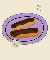Flat Design Illustration with Two Eclairs at Chocolate Taste