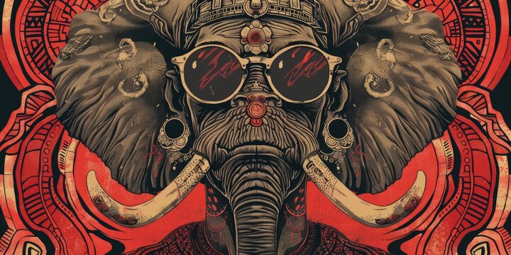 Naga Sadhus with Elephant Head Tattoo Style Linocut Illustration of a Groovy Young Man in Sunglasses and Baseball Cap