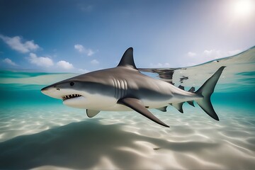 Obraz premium natural shark habitat bull fish underwater sea ocean water reef blue grey animal predator marin danger caribbean swimming diving white dolphin nature life aqualung bahamas teeth nobody wildlife