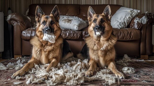 Naughty German Shepherds Caught Red-Handed After Couch Destruction - Two German Shepherds with mischievous expressions are caught in the act of destroying a couch, with white stuffing scattered around