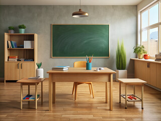 A tidy, well-lit classroom with an empty wooden desk and chair, surrounded by textbooks, pencils, and a half-completed math exercise on the blackboard.