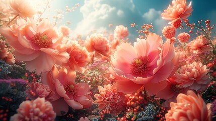 Vibrant Blooming Flowers in a Lush Garden Under a Bright Blue Sky