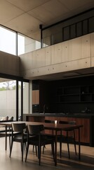 Modern kitchen design with high ceilings and sleek furniture, emphasizing minimalist architecture and elegant interiors.