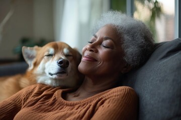 Happy Senior Woman is Sleeping with Her Dog at Cozy Home. A Heartwarming Moment of Companionship and Joyful Friendship