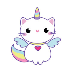 Cat Unicorn Character with Rainbow Tail and Horn Vector Illustration