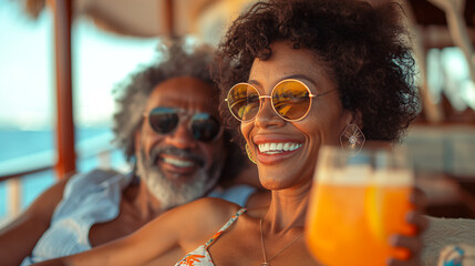 Middle aged afro american couple drinking cocktails on the deck of a cruise ship. Cruise travel for couples, concept.