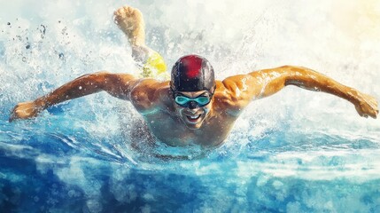 Professional Swimmer Cutting Through Water with Determination - A professional swimmer, wearing goggles and a swim cap, glides through the water with effortless grace and determination. The image capt