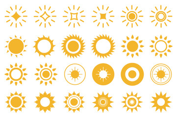 Sun and star mega set elements in flat graphic design. Bundle icons of yellow silhouette symbols of weather stickers, hot, light, sunlights and sunny bright in different shapes. Vector illustration.