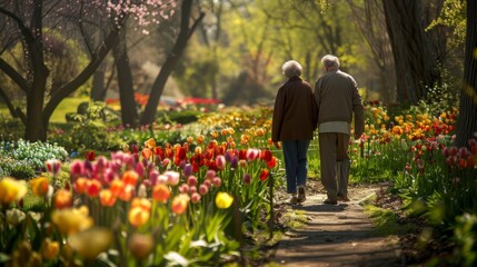 Obraz premium An elderly couple strolls hand-in-hand along a path lined with colorful blooming flowers