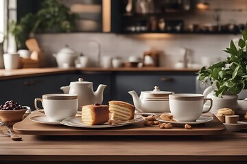 Obraz premium interior frame photo retro Wooden cups design Stylish dessert table kitchen Template mock tea