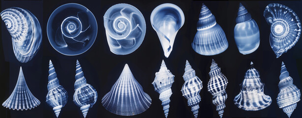 X-ray image of seashells displaying intricate internal structures on a dark background