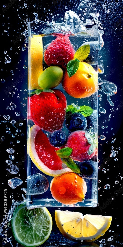 Wall mural Vibrant fruit slices in fresh water. Bright fruits float amidst splashes, showcasing juicy freshness. Great for healthy lifestyle, summer refreshment, and detox concepts. AI