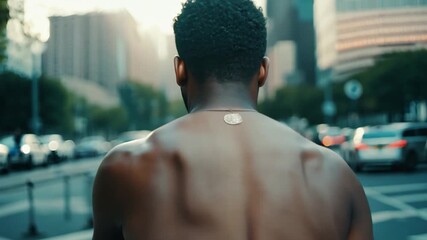 A shirtless man strolls down a city street, embracing the warm evening glow with tall buildings in the background