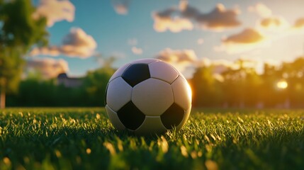 Fototapeta premium Soccer Ball on Green Grass Field at Sunset - A close-up of a soccer ball resting on a lush green grass field, bathed in the warm glow of a setting sun. The image evokes themes of sports, leisure, and 