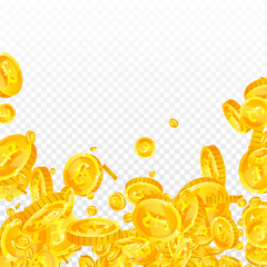 British pound coins falling. Scattered gold GBP