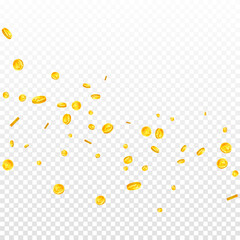 Indian rupee coins falling. Scattered gold INR