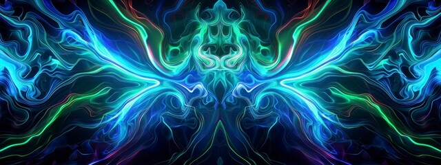 Obraz premium Psychedelic pattern with neon blue and green lines against a black background.