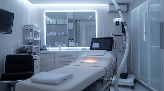 The image shows a modern and clean medical aesthetics clinic with a treatment bed, a computer, and various medical devices.