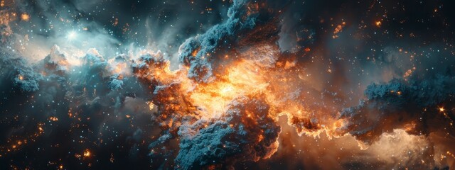 Fototapeta premium Abstract cosmic explosion with swirling particles in a deep space environment.